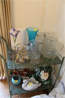 WROUGHT IRON TEA CART WITH VASES AND PLANTERS