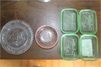 GROUPING: PATTERN GLASS ASHTRAYS 4 GREEN, 1 PINK