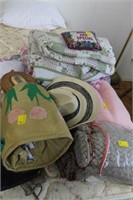 GROUPING:  BED FRAME, BLANKETS, PURSES, ETC.