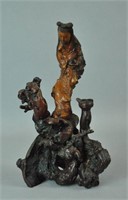 CHINESE CARVED BURLWOOD GUANYIN ON STAND