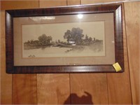 Antique print w. tiger oak type frame