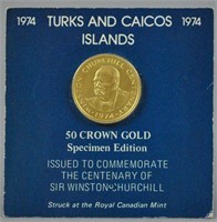 1974 GOLD TURKS & CAICOS 50 CROWN COIN