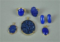 (6) PIECE GOLD MOUNTED LAPIS JEWELRY GROUP
