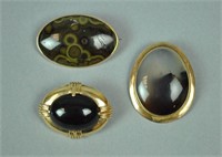 (3) 14K GOLD MOUNTED PINS - ONYX & AGATE
