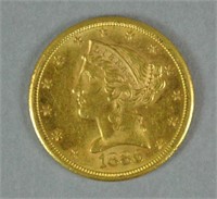 1886-S US GOLD CORONET HEAD HALF EAGLE $5 COIN