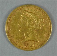 1880 US GOLD CORONET HEAD HALF EAGLE $5 COIN