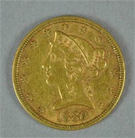 1880 US GOLD CORONET HEAD HALF EAGLE $5 COIN