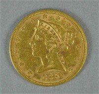 1880 US GOLD CORONET HEAD HALF EAGLE $5 COIN