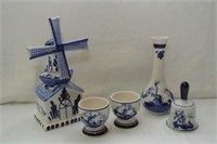 Delft bell, egg cups, 5" vase and windmill