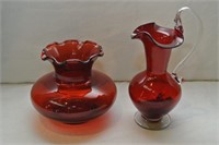Ruby glass 4.5" jug with applied handle and vase