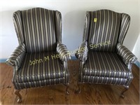 Pair of Striped Wing Back Chairs