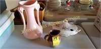 Pink McCoy Vase with 2 Handles and China Pieces