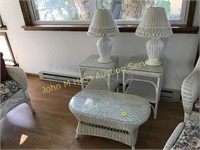 2 White Wicker End Tables, Coffee Table, 2 Lamps