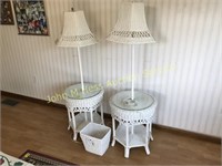 2 White Wicker Lamp Tables and Trash Can