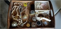 Tray Lot of Costume Jewelry and Tape Measures