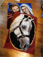 Latch hook rugs: nativity, 30" x 37" - horse, 26"