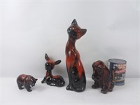 4 animaux décoratifs céramique noire et rouge