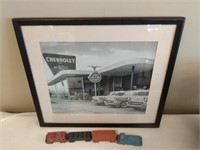Chevy Dealership Photo & Die Cast Train Cars