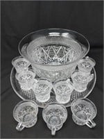 Glass Punch Bowl, Platter & Cup Set