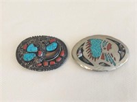 Two Turquoise & Coral Belt Buckles