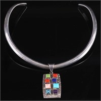 Signed Navajo Inlaid Multi-Stone Collar Necklace