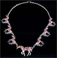 Signed Zuni Sterling Inlaid Mosaic Horse Necklace