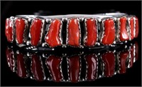 Signed Navajo Heavy Sterling & Branch Coral Cuff