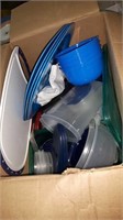 Box of plastic Tupperware and dishes
