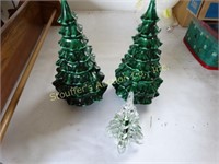 2 Ceramic Christmas 9" & 1 glass tree 5"