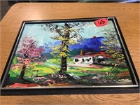 FRAMED SIGNED PAINTING OF HOUSE IN FOREST