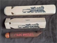 Train Wooden Whistle and Slide Whistle Lot of 3