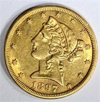 1897-S $5.00 GOLD LIBERTY, AU/BU