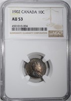 1902 SILVER 10 CENTS CANADA NGC AU 53