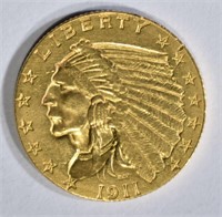 1911-D $2 1/2 GOLD INDIAN HEAD  CH AU