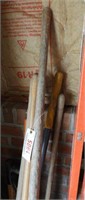 Garden tool lot: spade shovels, hoes, pick ax,