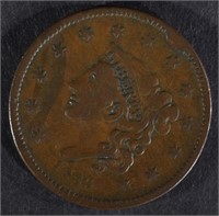 1836 LARGE CENT, VF large rim cud