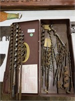 METAL BOX WITH 18 ASSORTED SIZE OLD DRILL BITS