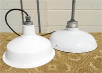 TWO WHITE ENAMELED HANGING LIGHT FIXTURES