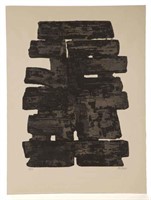 Pierre Soulages (French, b. 1919) abstract etching (c. 1960) on paper bearing "BFK RIVES" watermark, full margins, pencil signed and numbered "53/100" in lower margin, 29 ¾" x 22".