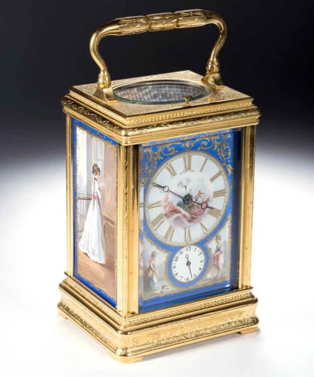 Henry Capt gilt bronze carriage clock with porcelain panels, one of over 100 fine timepieces from the William A. Litle estate collection, Garden Grove, CA