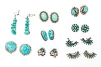 Navajo & Zuni Turquoise & Silver Earrings, 9 Pr