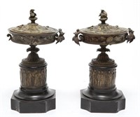 Neoclassical Bronze Covered Tazza Urns on Plinths
