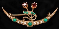 14K Yellow Gold Garnets Turquoise & Pearls Brooch