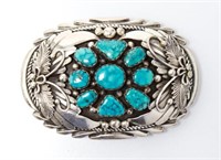 Navajo Turquoise & Silver Belt Buckle, Signed PJ