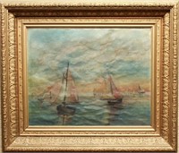 Impressionist Manner Seascape w Sailboats Oil