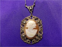 STERLING SILVER NECKLACE, CAMEO PIN