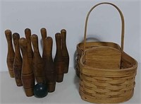 Vintage wooden bowling game w/carrying basket
