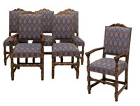 6)ENGLISH CARVED OAK UPHOLSTERED ARM & SIDE CHAIRS