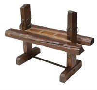 RUSTIC HITCHING POST LOG FORM, TILE & IRON BENCH