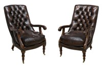 2) ENGLISH BUTTON BACK BROWN LEATHER LOUNGE CHAIRS